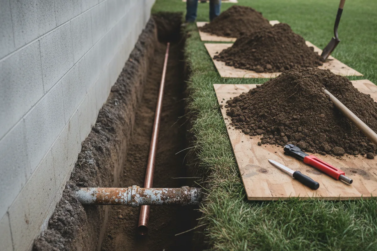 Excavated water line trench during Sewer Line Repair in Bristow